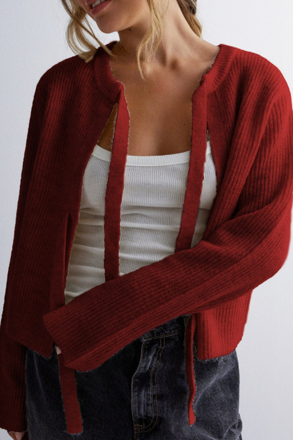 Kurzer Cardigan mit Bindegürtel und Rippstrickmuster für Damen