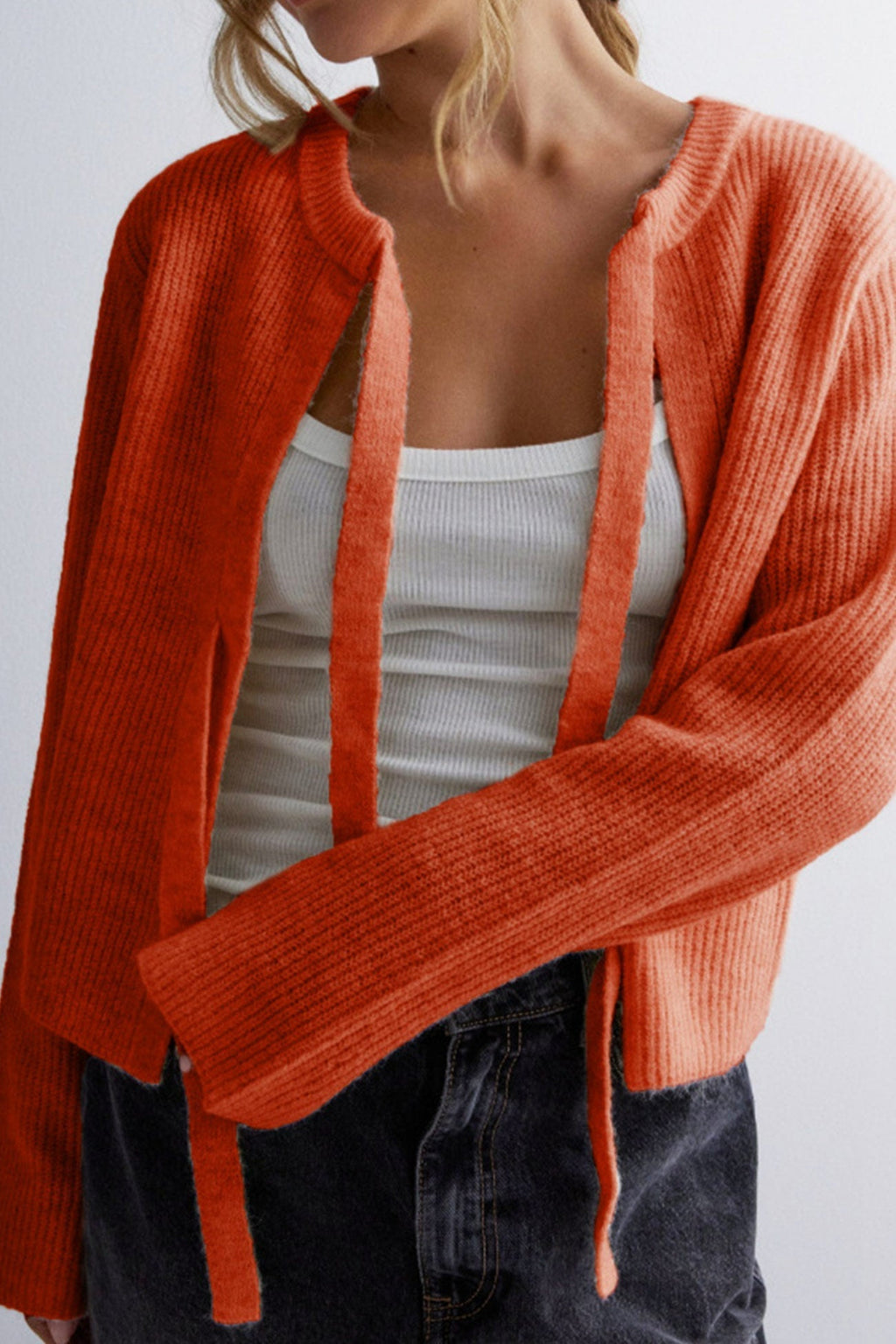 Kurzer Cardigan mit Bindegürtel und Rippstrickmuster für Damen