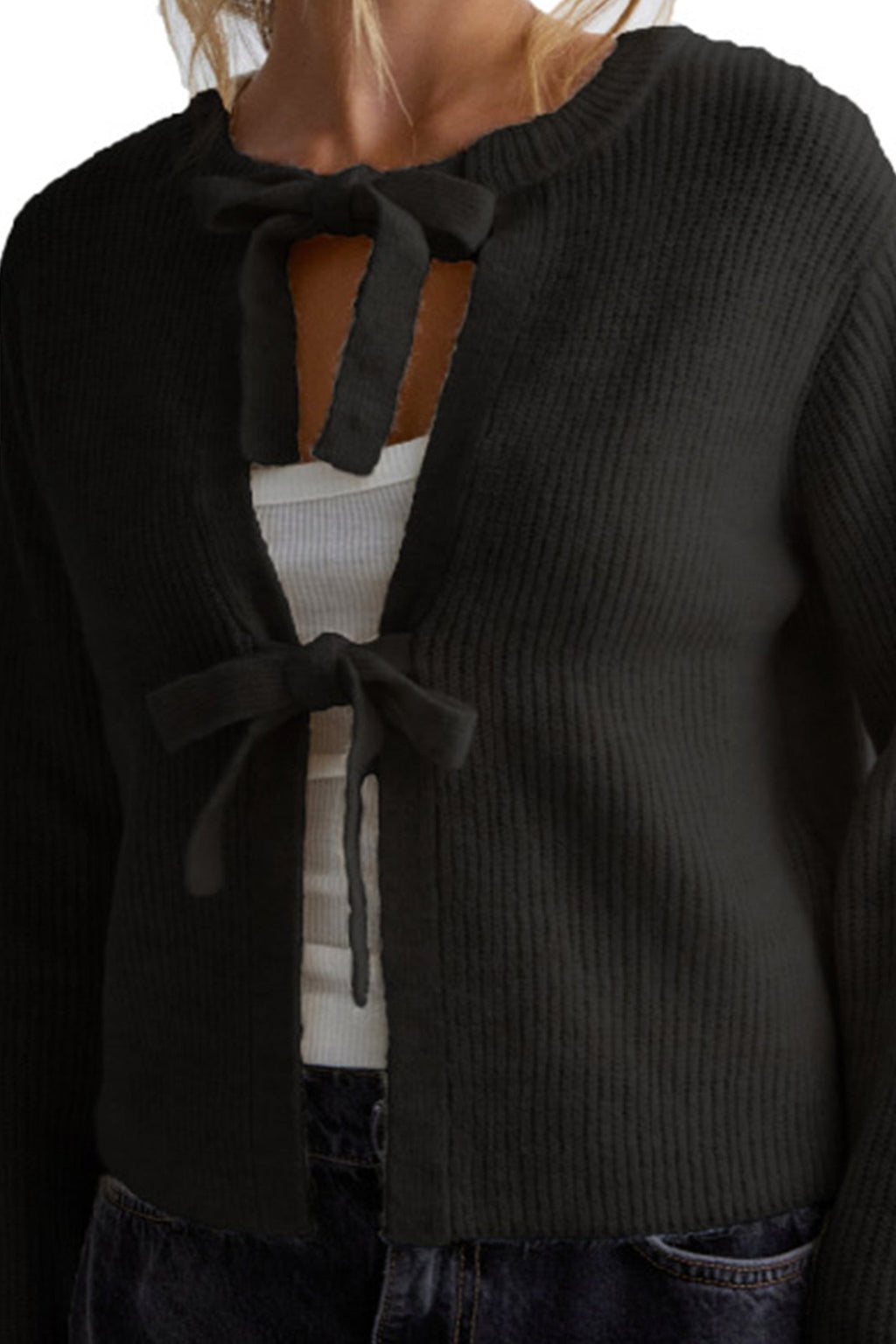 Kurzer Cardigan mit Bindegürtel und Rippstrickmuster für Damen