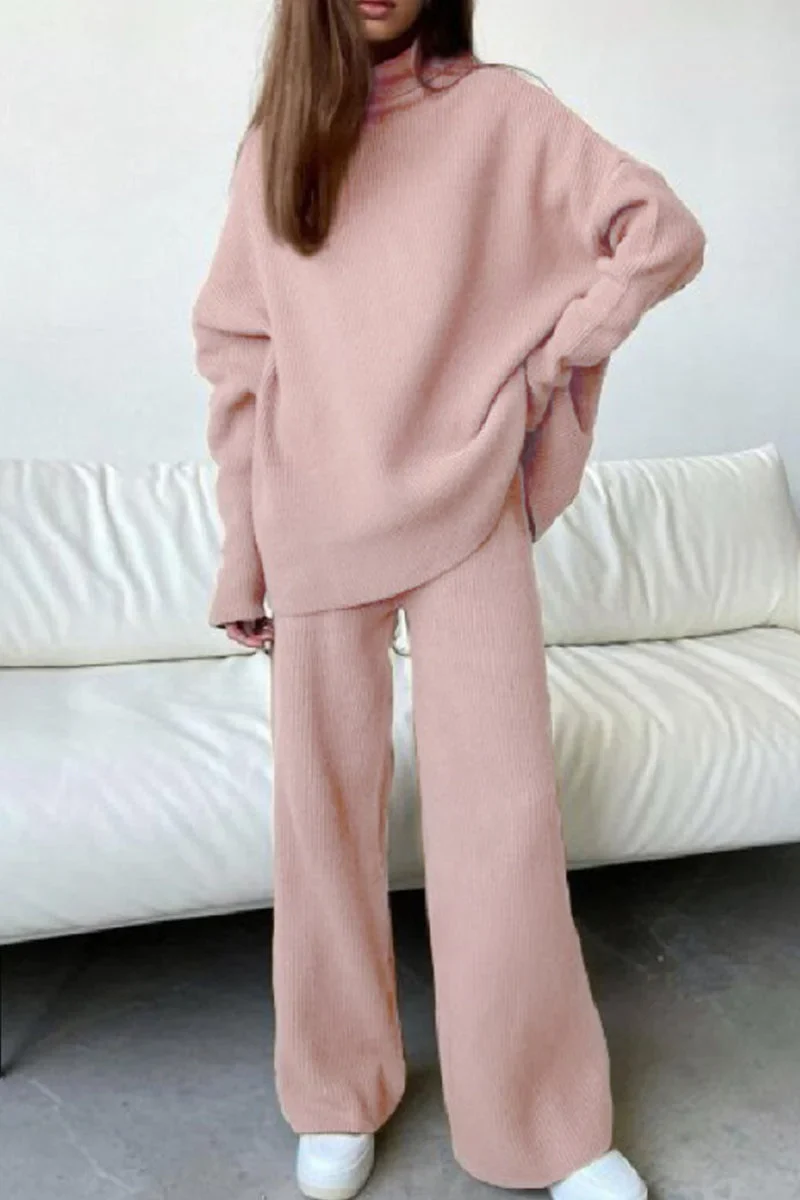 Casual Patchwork-Turtleneck mit langen Ärmeln – Zweiteiliges Set für Damen