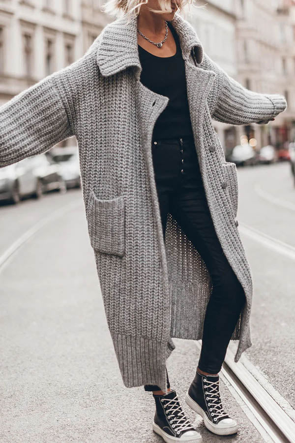 Grober Warmer Strick-Cardigan mit Knöpfen und Taschen – Lockerer Oversized-Schnitt