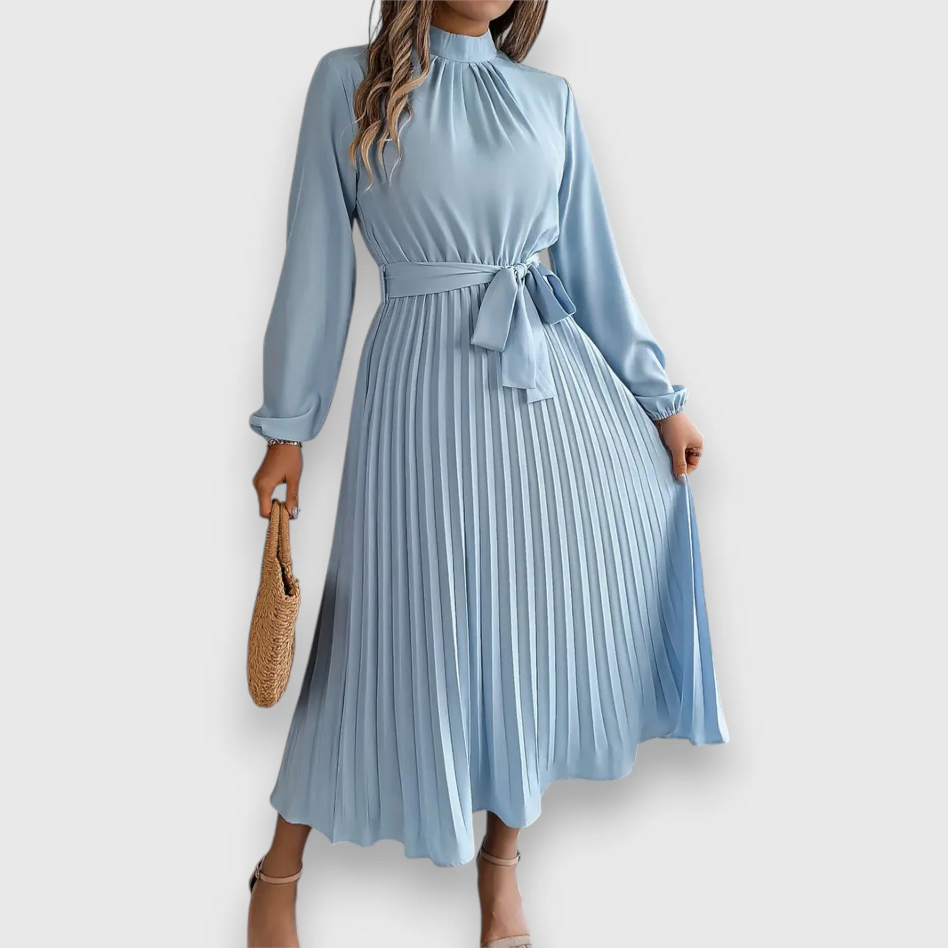 Lässiges Midikleid mit plissiertem Rock Gürtel und langen Ärmeln