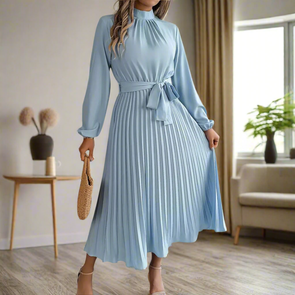 Lässiges Midikleid mit plissiertem Rock Gürtel und langen Ärmeln