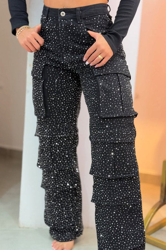 Damen-Hose mit Funkelnden Strassdetails und Vielseitigem Taschen-Design