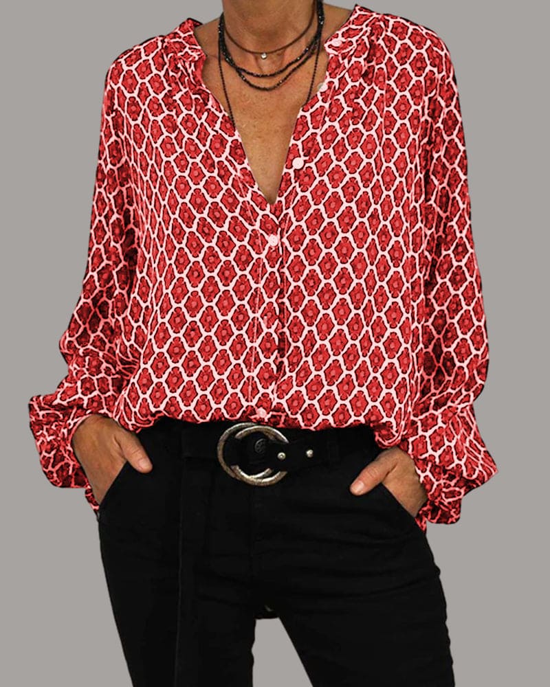 Elegante V-Ausschnitt Bluse mit modernem geometrischem Muster für jeden Anlass